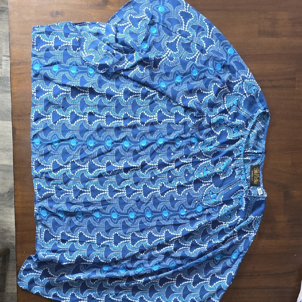 Vintage Bob Mackie Blue Patterned Boho Peasant Top With Rhinestones